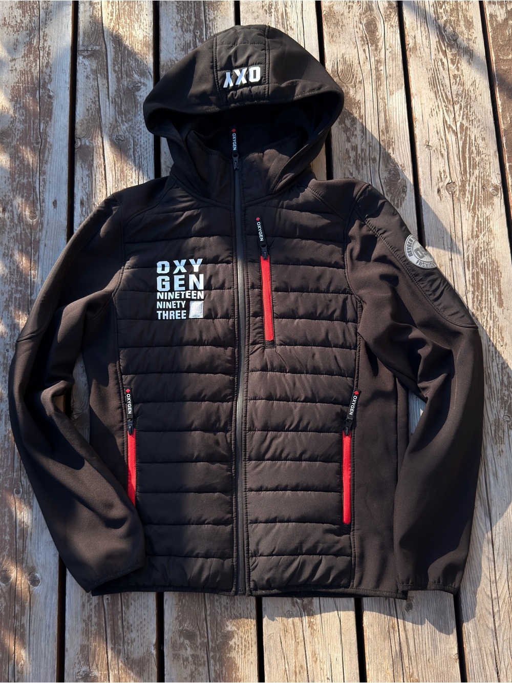 Black Hooded Slightly Puffer Jacket with Red Trim